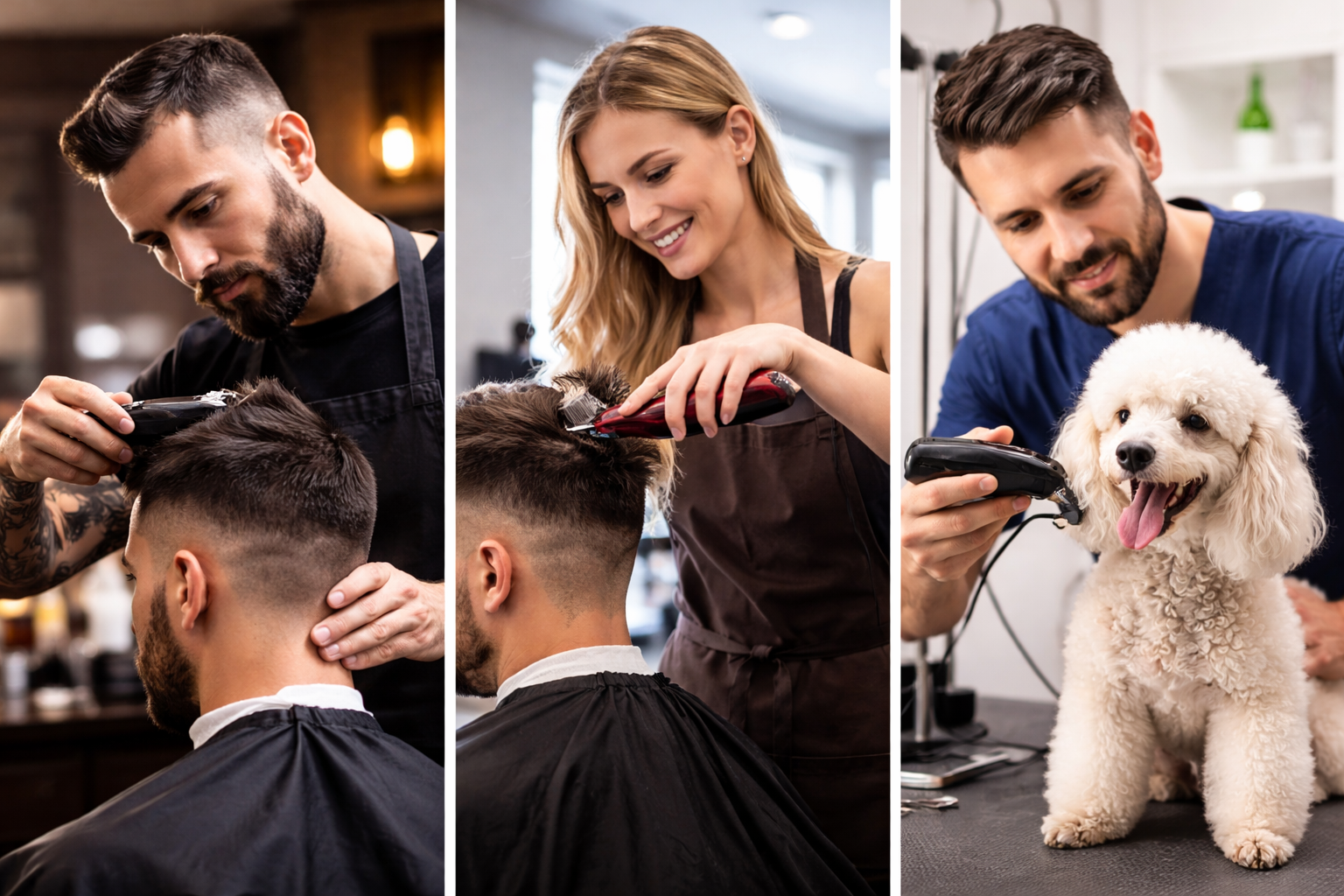 A barber giving a haircut, a stylist cutting hair, and a groomer trimming a poodle's fur with electric clippers.