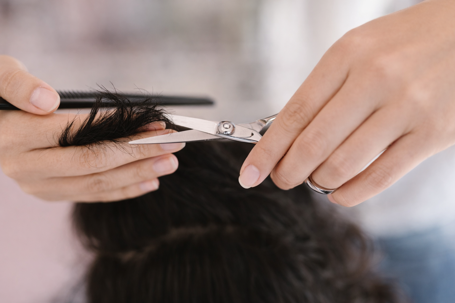 Scissors cutting brown hair in a salon setting.