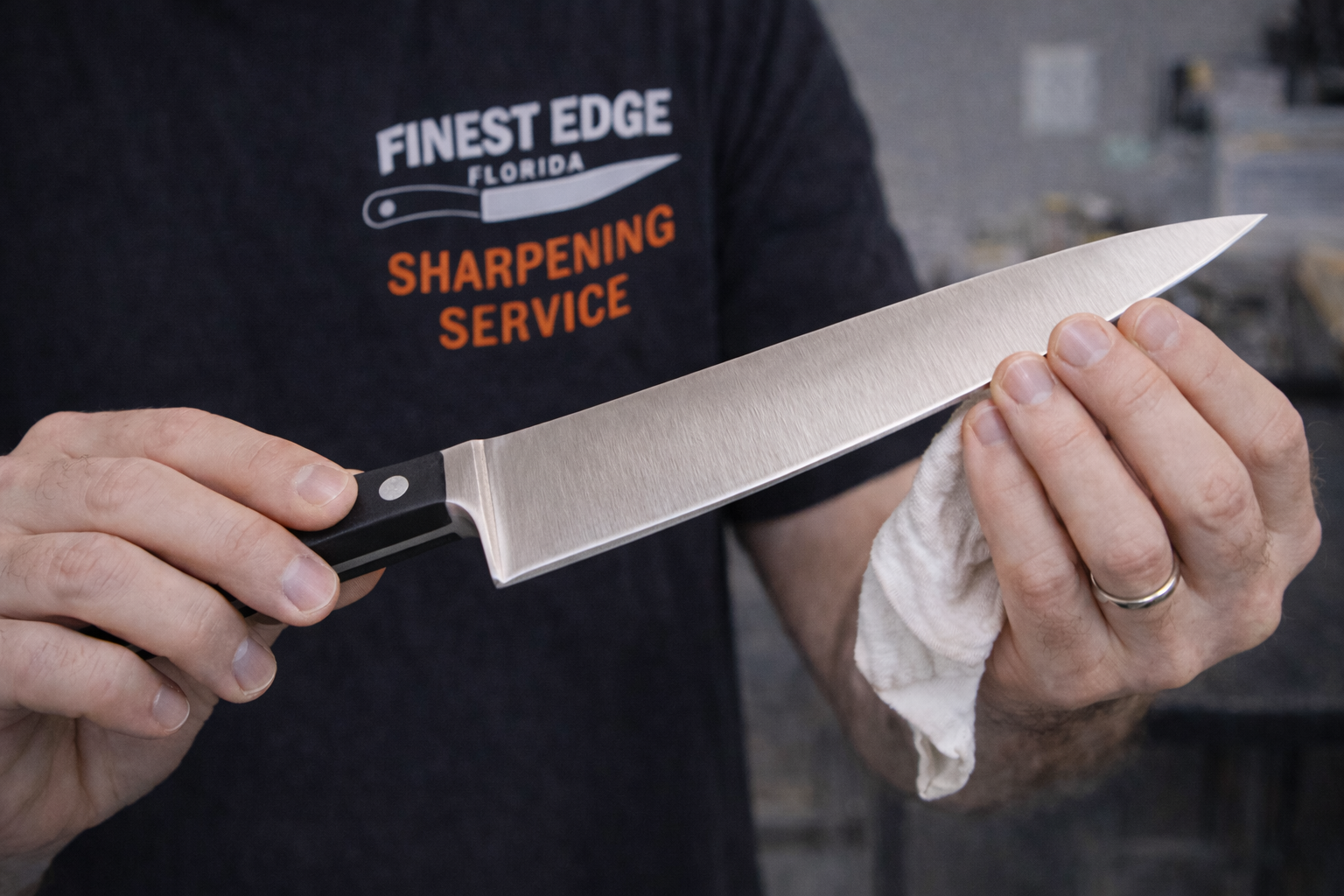 Person inspecting a knife blade with a magnifying glass, in a workshop setting.
