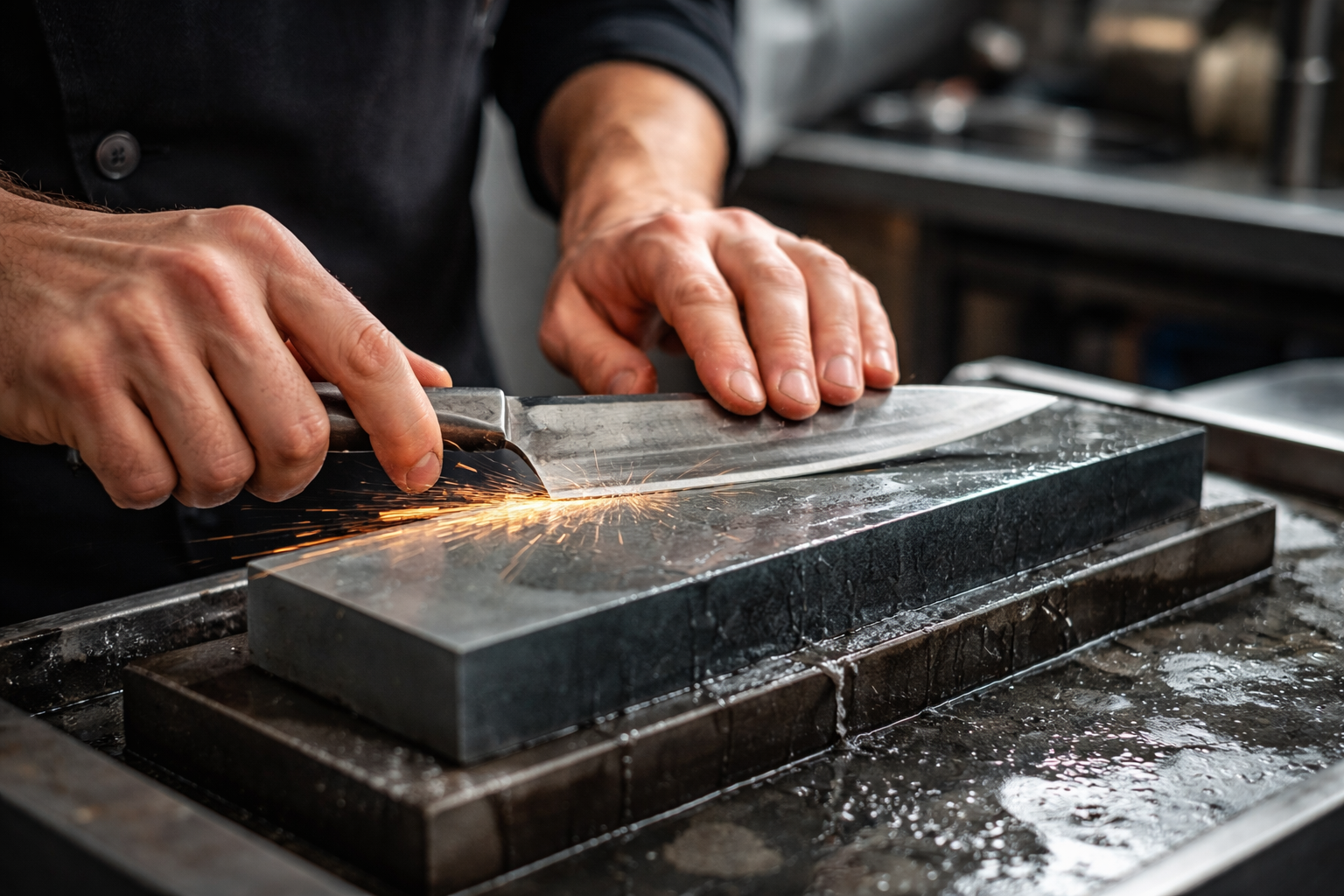 Hands sharpening a knife on a wet whetstone, sparks visible, in a kitchen setting.
