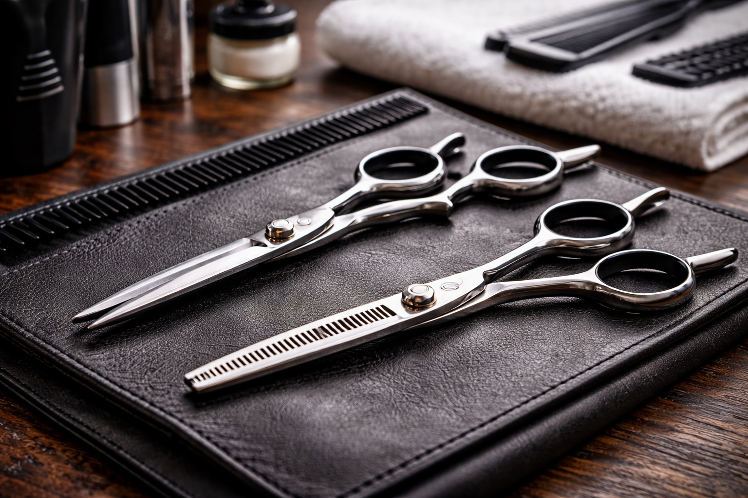 Two pairs of barber scissors on a black leather pad; other barber tools and towel in the background.