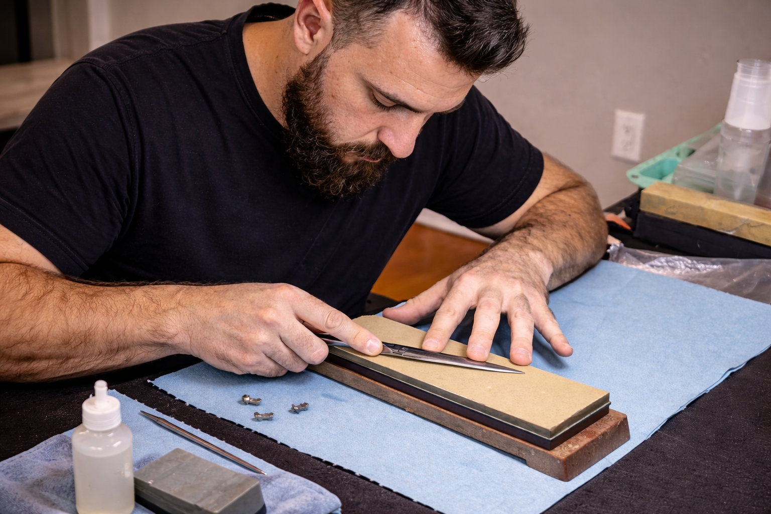 Person sharpening a shear on a whetstone. Dark t-shirt, indoors.
