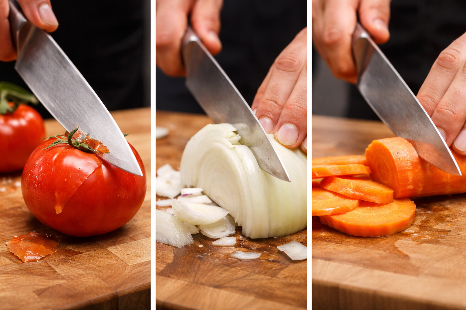Person slicing tomato, onion, and carrot with a knife on a wooden cutting board.