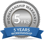 A 5 year workmanship warranty seal with a blue ribbon.