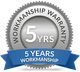 A 5 year workmanship warranty seal with a blue ribbon.