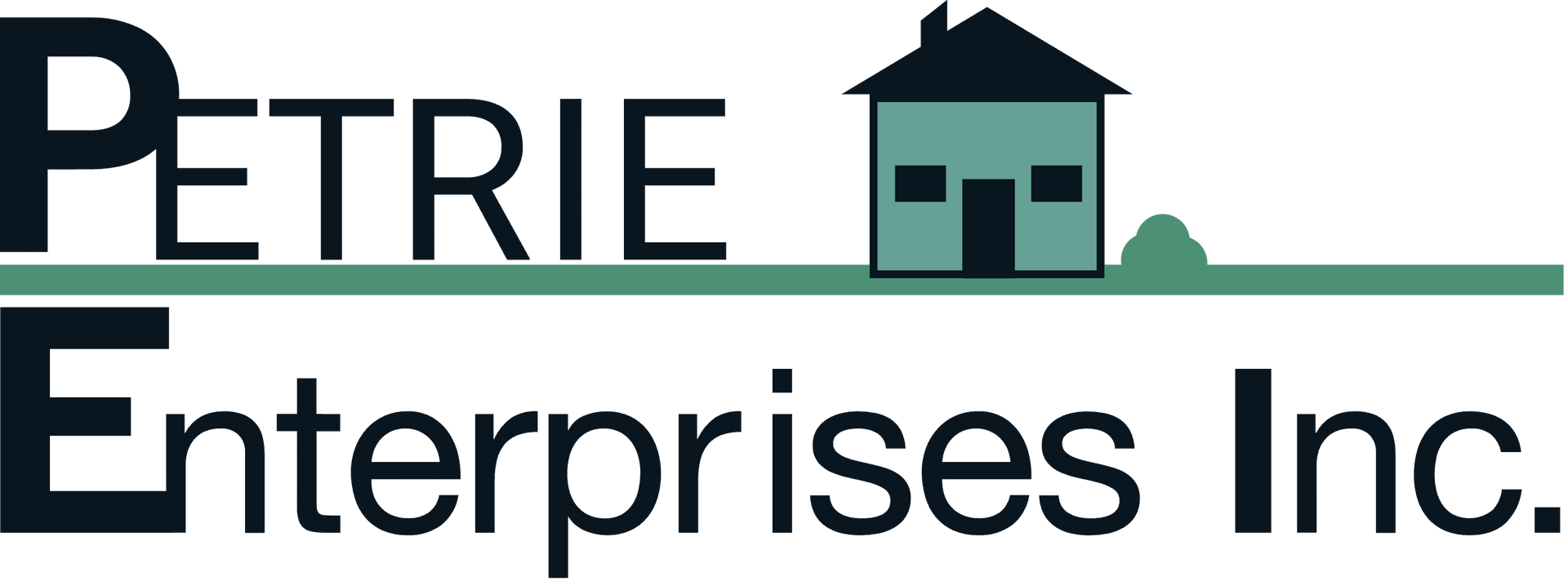 Logo for Petrie Enterprises Inc. with a teal house icon and green horizontal line. Black text.