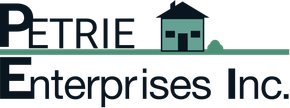 Logo for Petrie Enterprises Inc. with a teal house icon and green horizontal line. Black text.