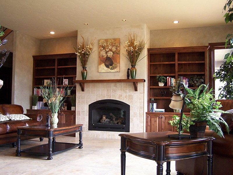 Living room with fireplace, bookshelves, brown furniture, and decorative plants.