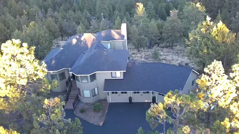 House with dark roof surrounded by evergreen trees. Long driveway.