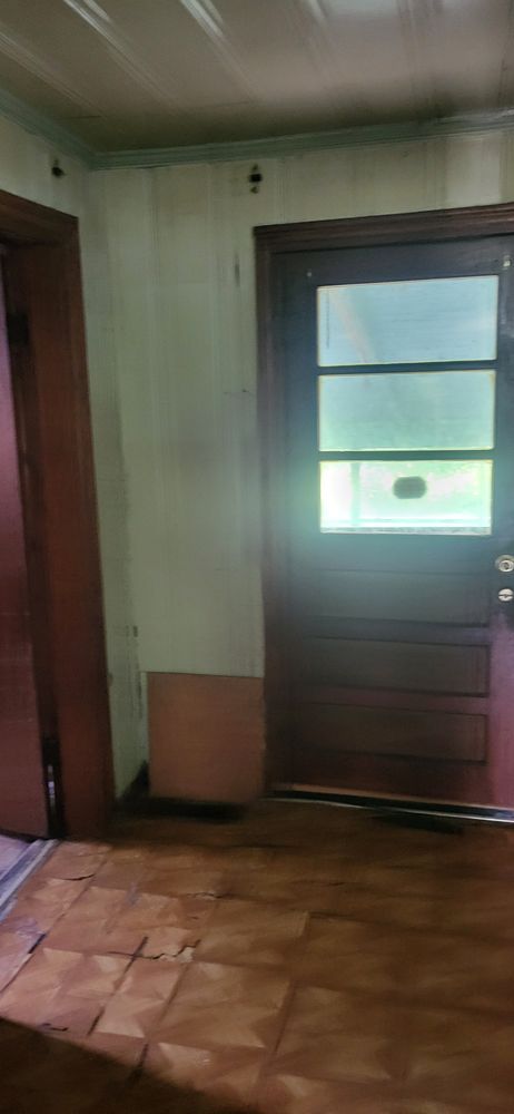 Interior view of a door and walls with peeling paint and wood floor.