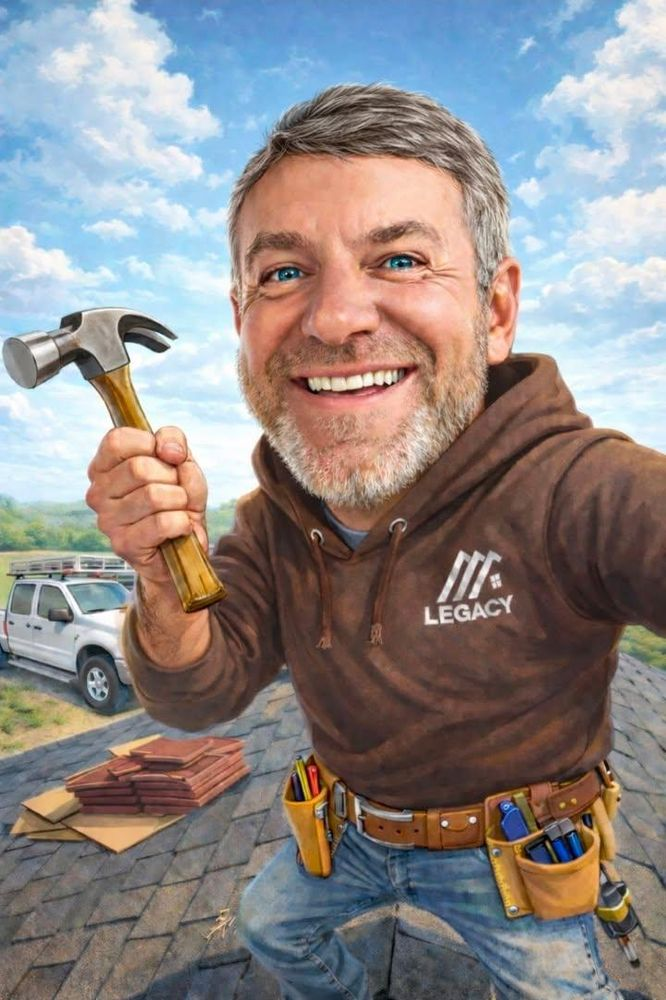 Smiling roofer holding a hammer on a rooftop with materials. Truck and blue sky in background.