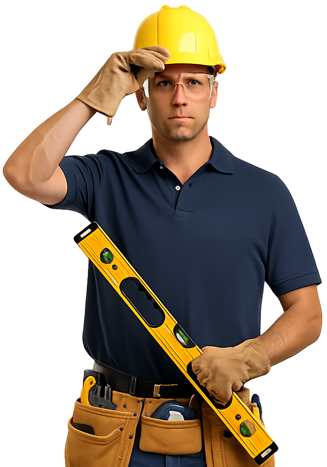 Construction worker in blue shirt, yellow hard hat, holding a level, touching his hat, looking forward.