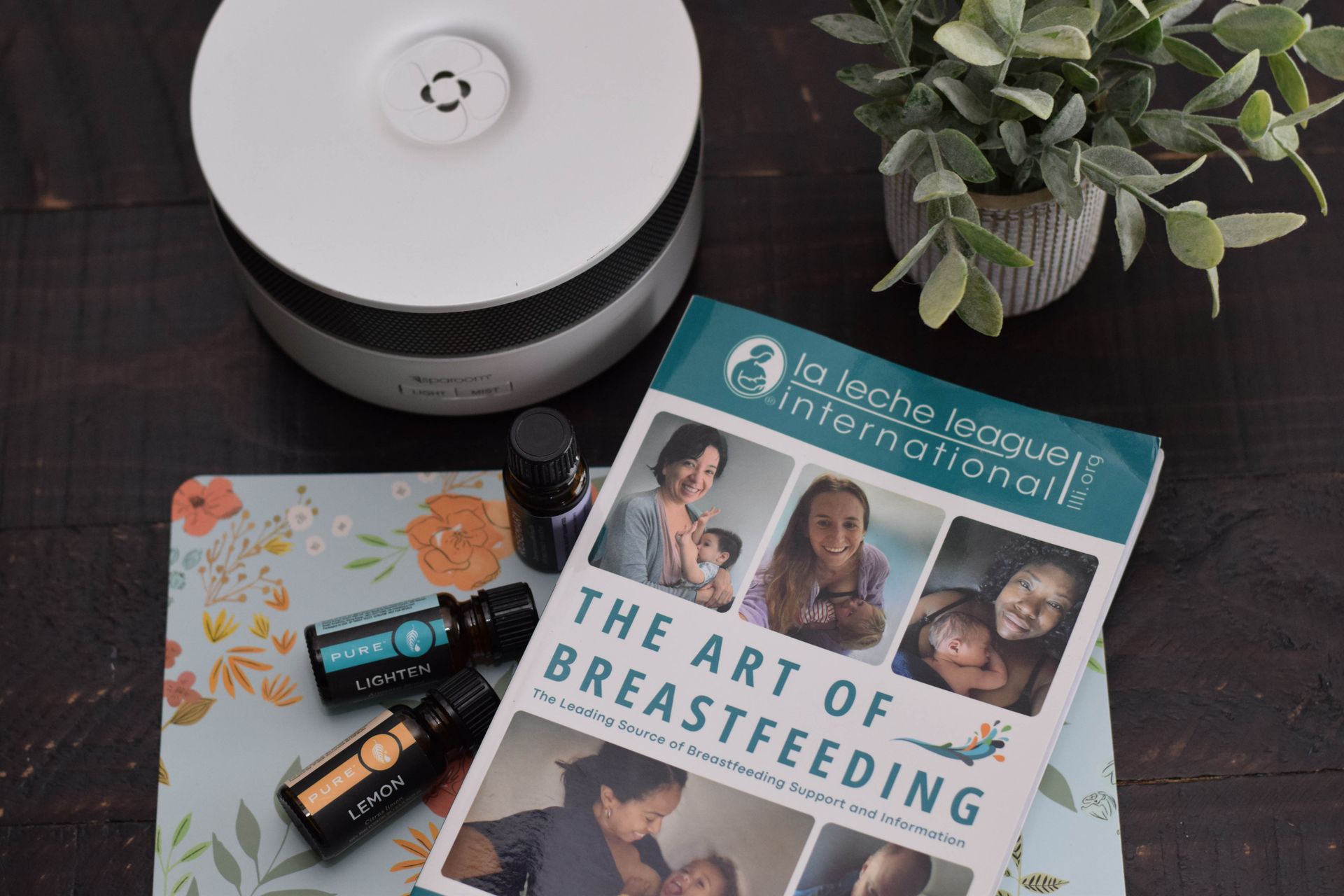 Items on a wooden table: book