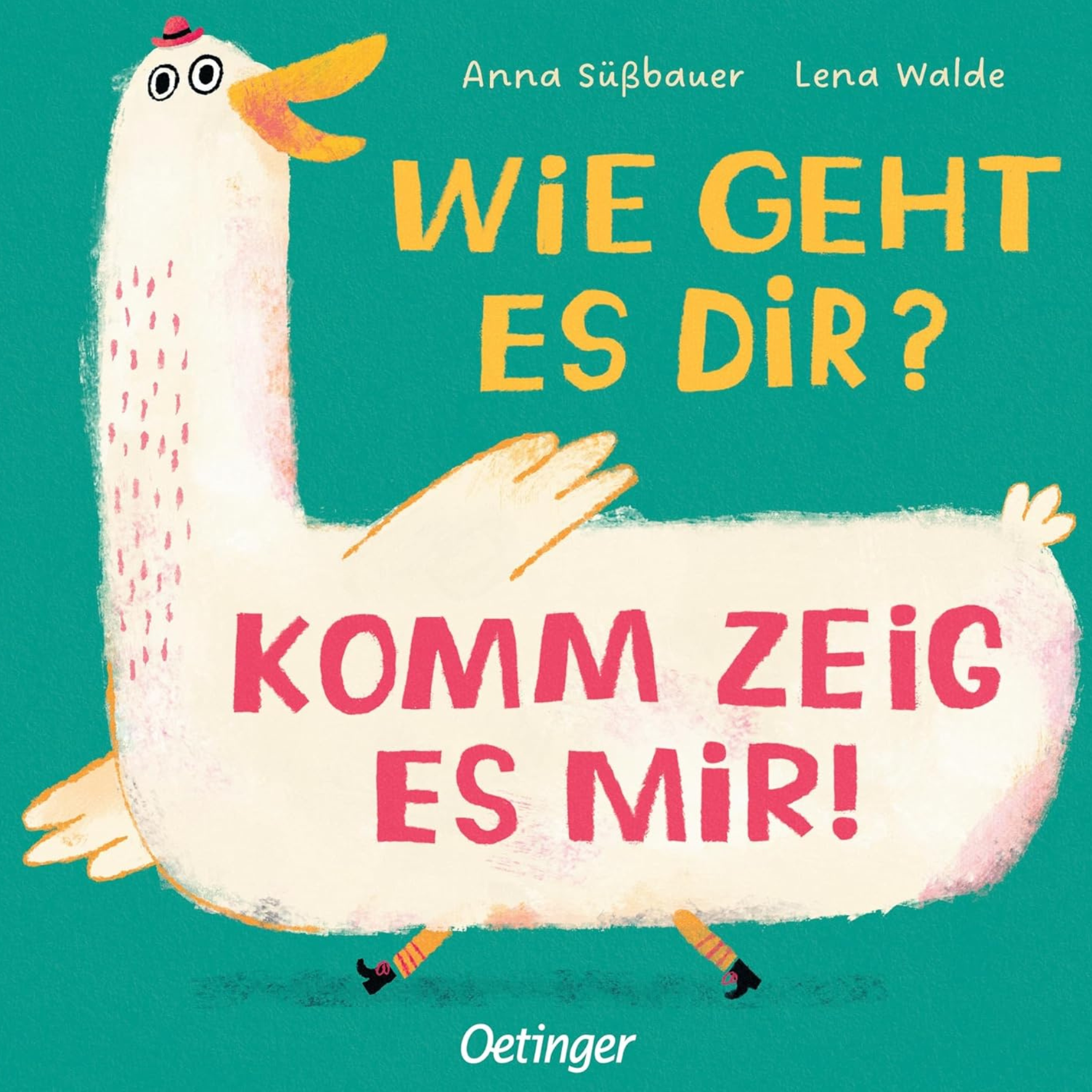 Eine weiße Gans die gackernd den Schnabel offen hält, ist vor einem türkisblauen Hintergrund zu sehen.