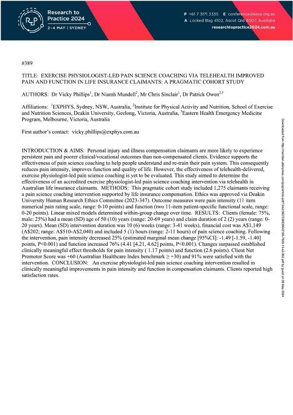 Exercise Physiologist-Led Pain Science Coaching via Telehealth Improved Pain and Function in Life Insurance Claimants: A Pragmatic Cohort Study