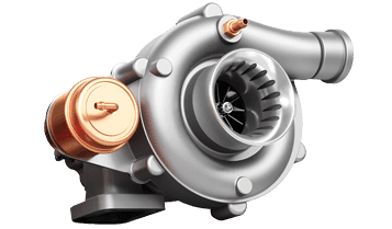 Un primer plano de un turbocompresor sobre un fondo blanco.