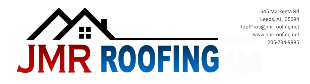 JMR Roofing logo: black roof icon over "JMR ROOFING" text, with address in the upper right corner.