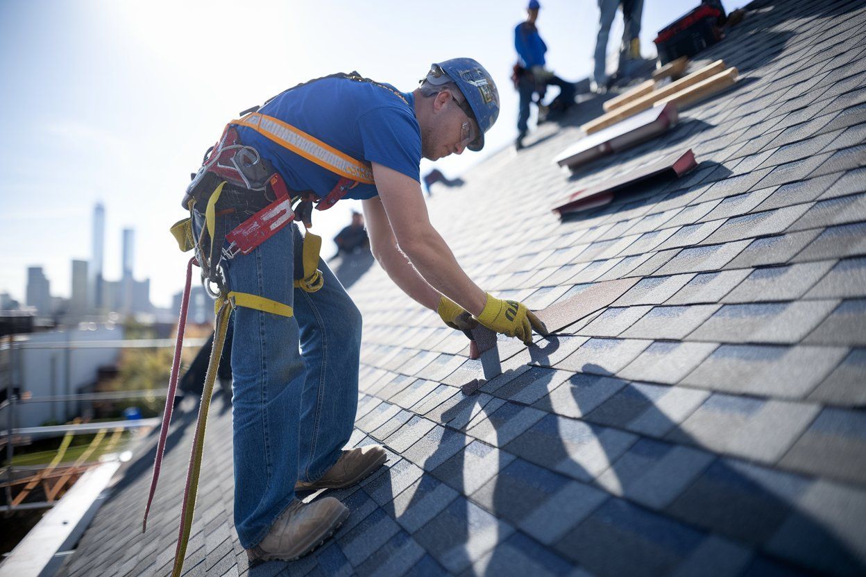 A man is working on the roof of a building.