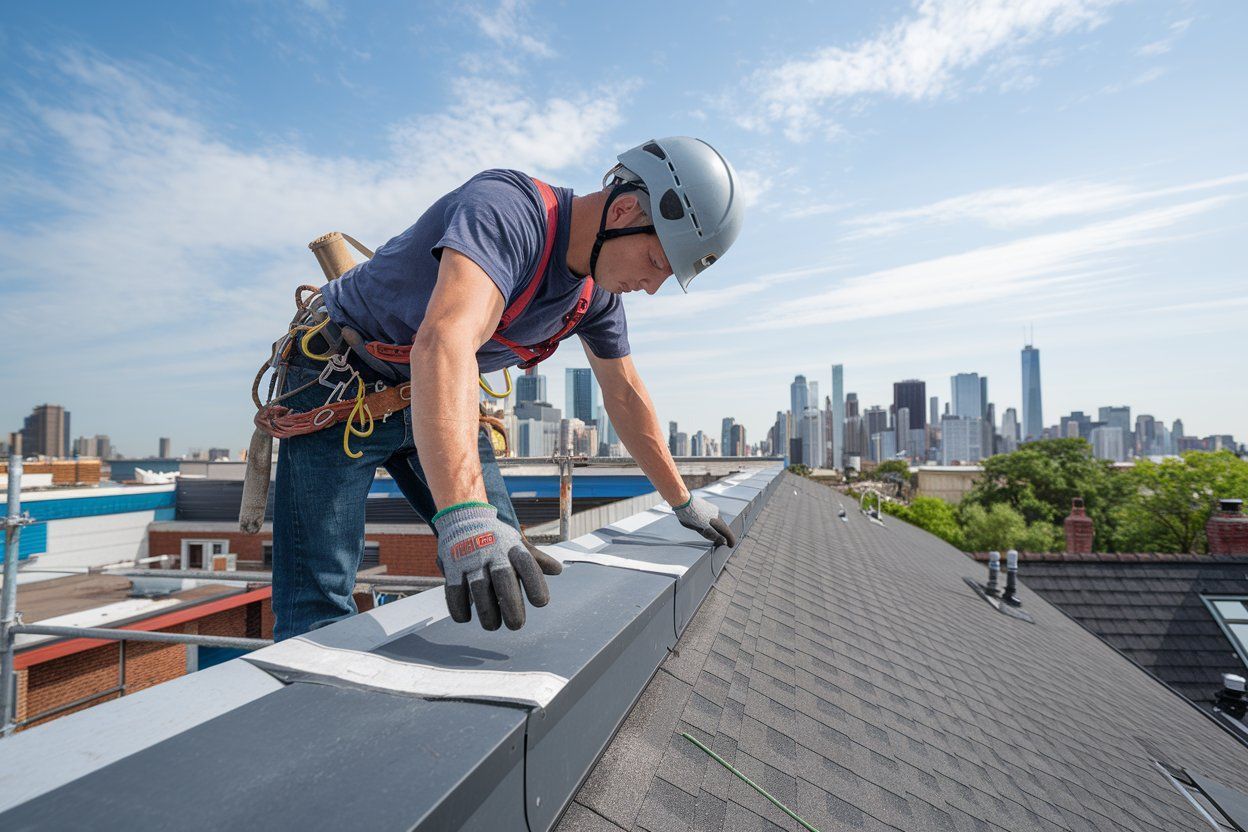 A man is working on the roof of a house.