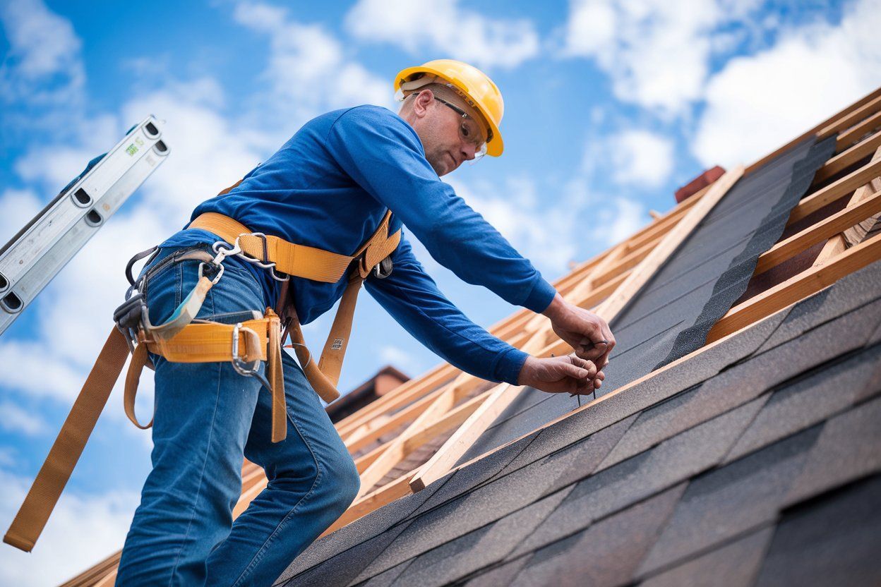 A man is working on the roof of a building.