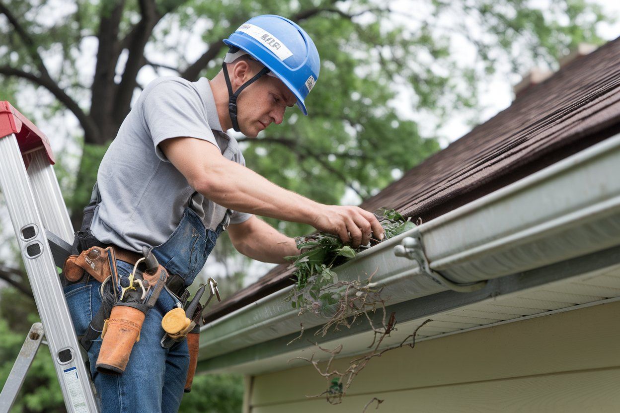 A man is cleaning a gutter on the roof of a house.