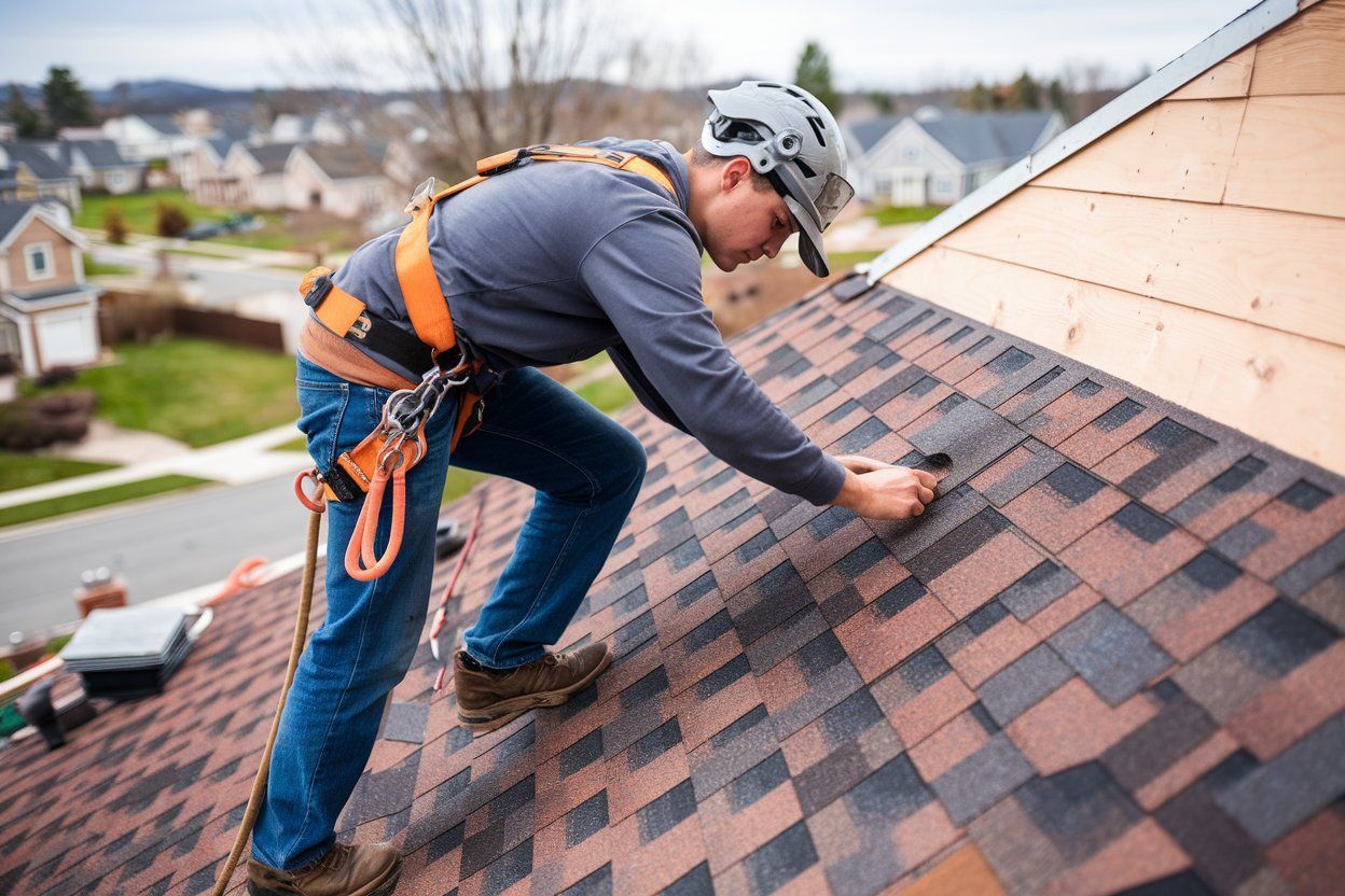 A man in a blue uniform is working on a roof.