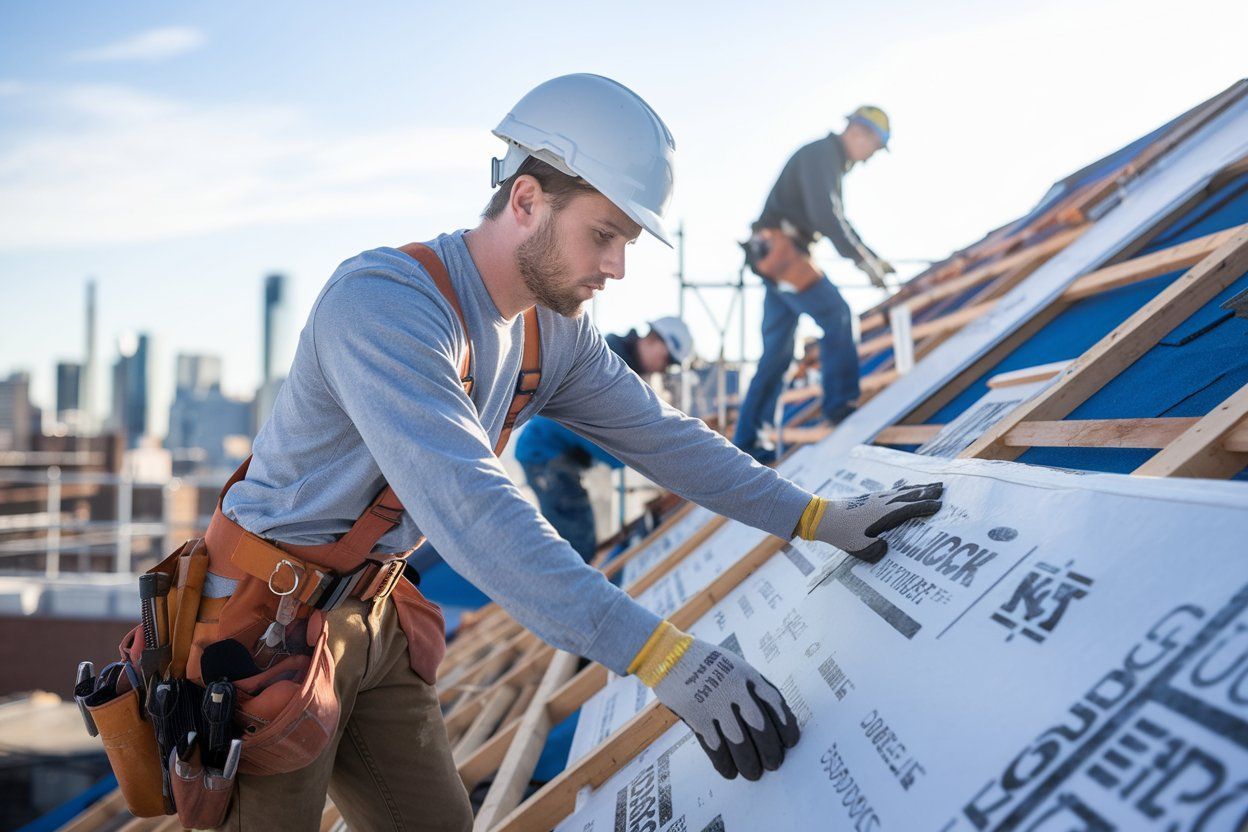 A group of construction workers are working on the roof of a building.