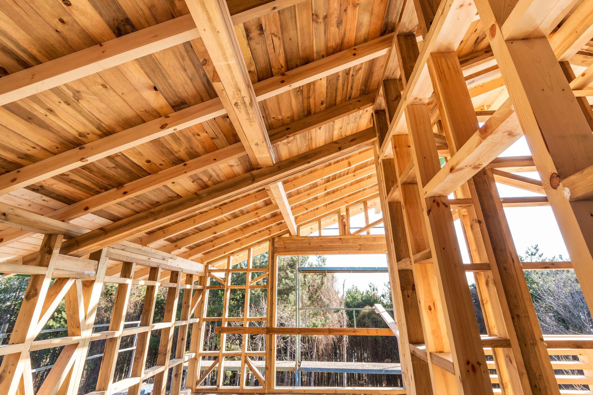 Wooden framework of a building's interior, showing beams, rafters, and unfinished walls with a view of trees outside.