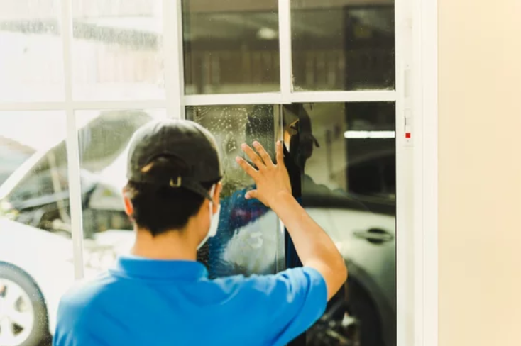 A worker carefully applies tinted foil to a house window, enhancing its privacy and reducing sunlight.