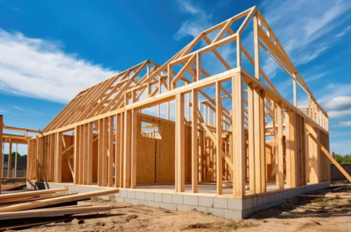 A new house under construction featuring a wooden frame with truss, posts, and beams.