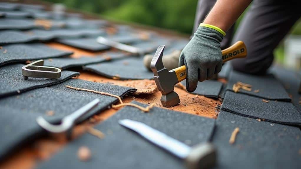 A man is working on the roof of a house.