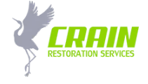 Logo for Crain Restoration Services, featuring a gray crane bird silhouette and the company name in green.
