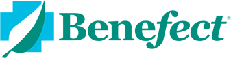 Logo for Benefect. A teal cross shape with a green leaf design and teal text.