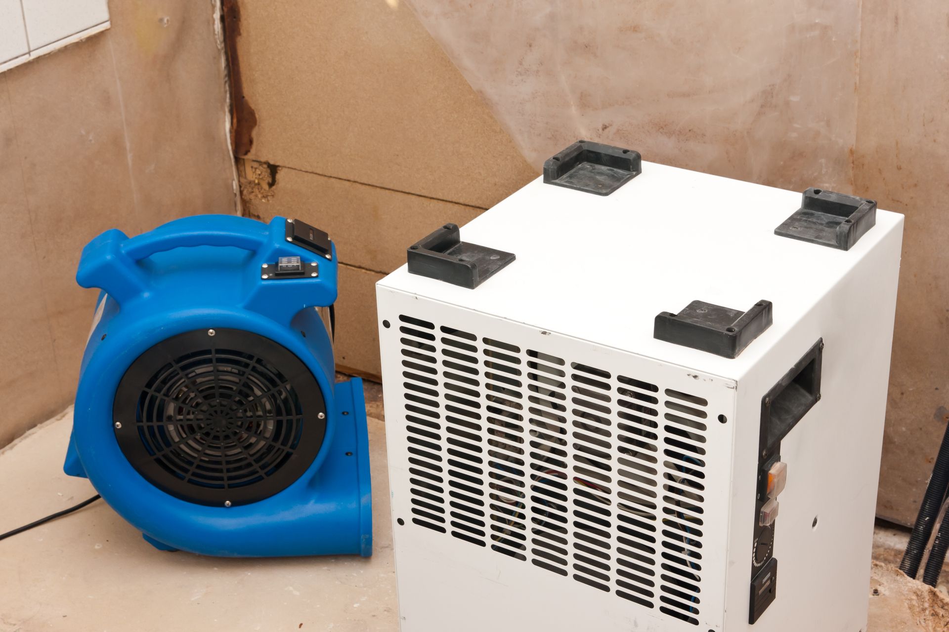 Blue air mover and white dehumidifier in a room corner, likely for water damage restoration.
