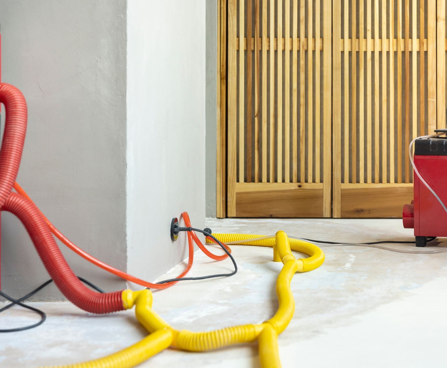 Red and yellow hoses connected to a wall and a machine, likely for water damage remediation, in a room with a wooden door.