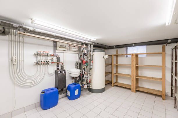 Basement utility room with white tile floor, water heater, shelves, and blue containers.