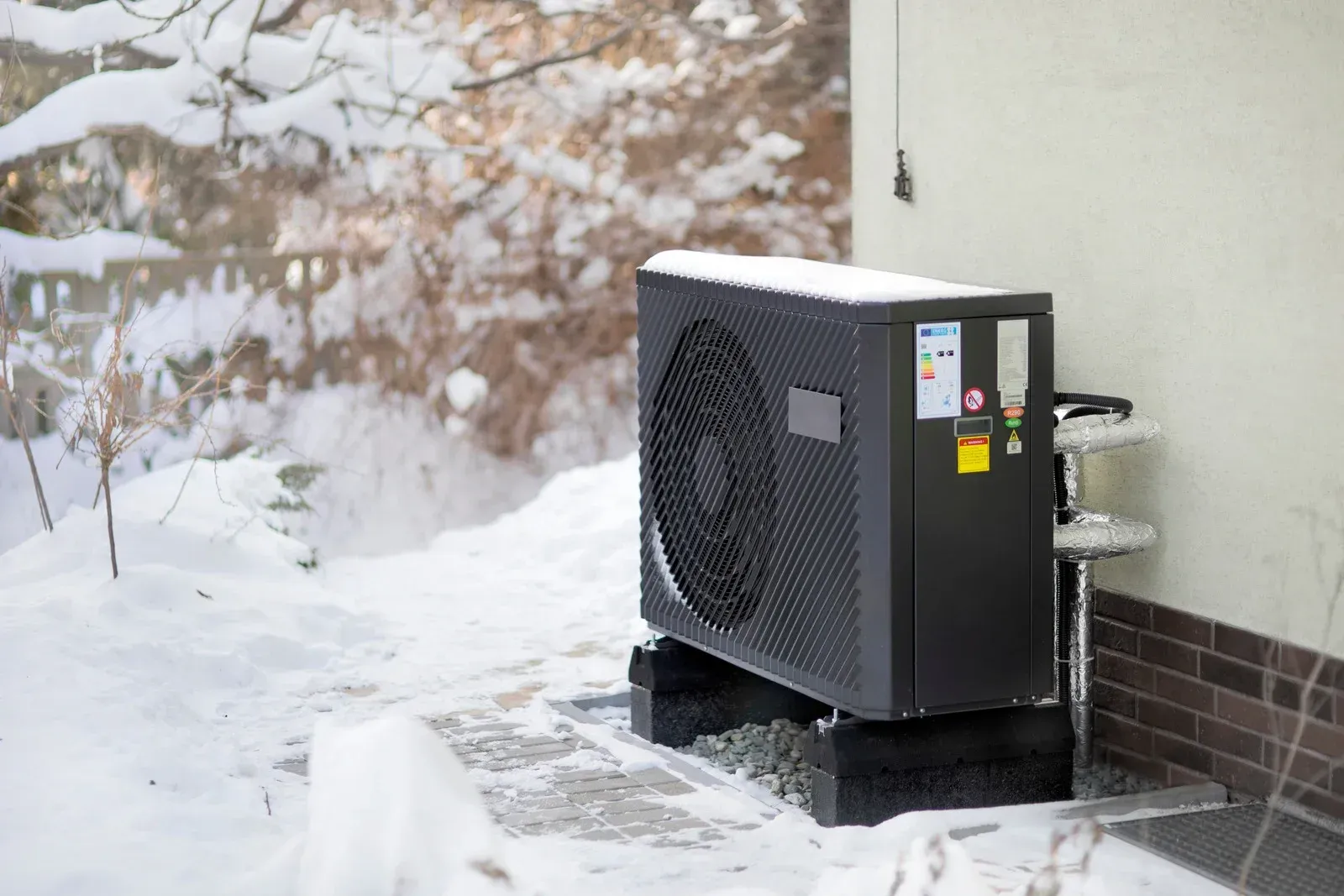 Black heat pump unit outside in snow.
