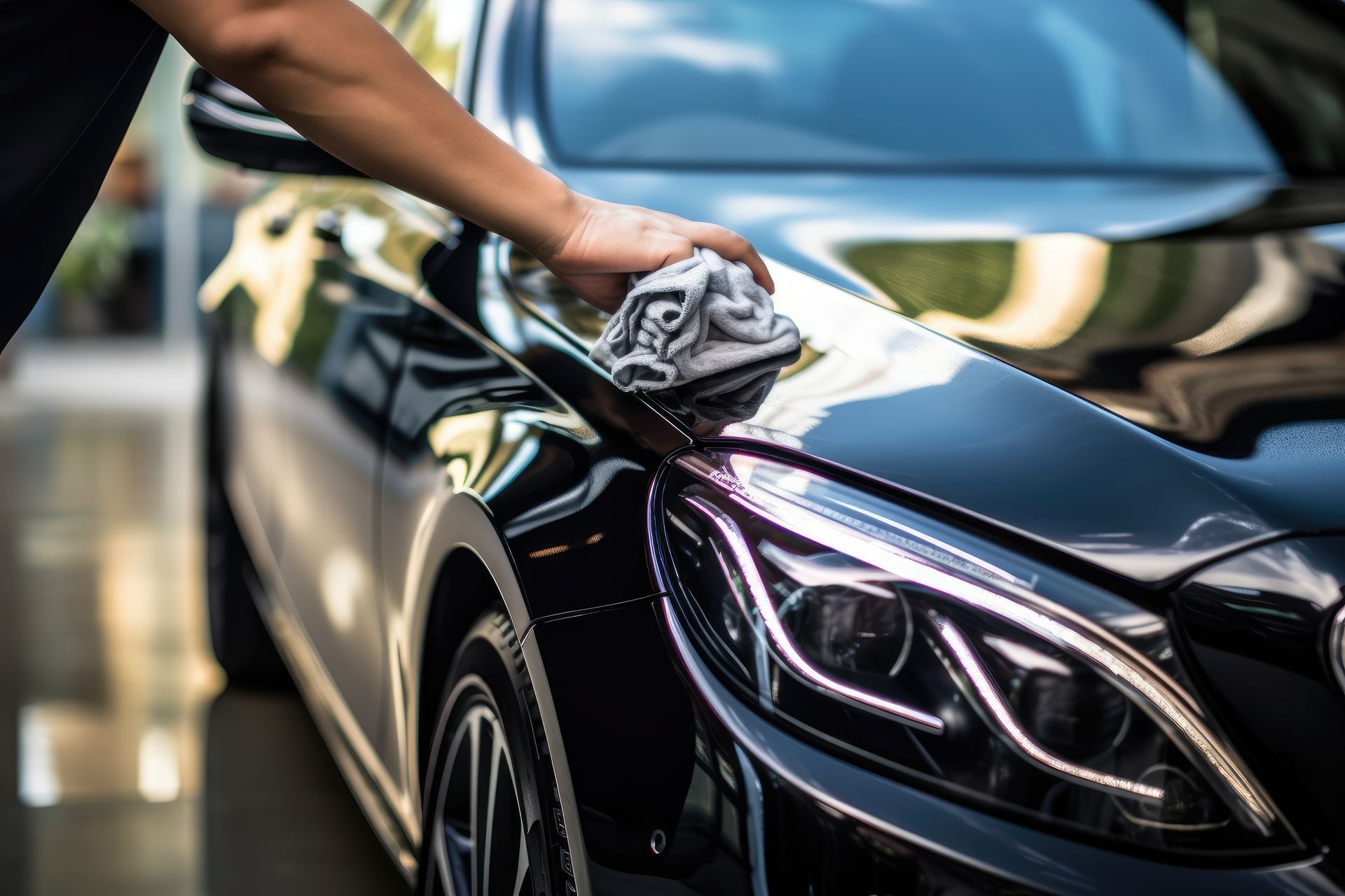 Hand polishing black car's hood with a cloth; close-up of headlight and reflection.
