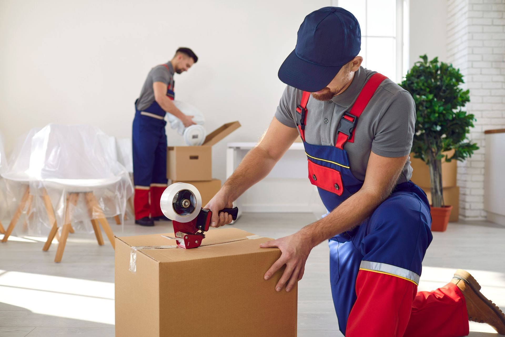 A man is taping a cardboard box in a living room.