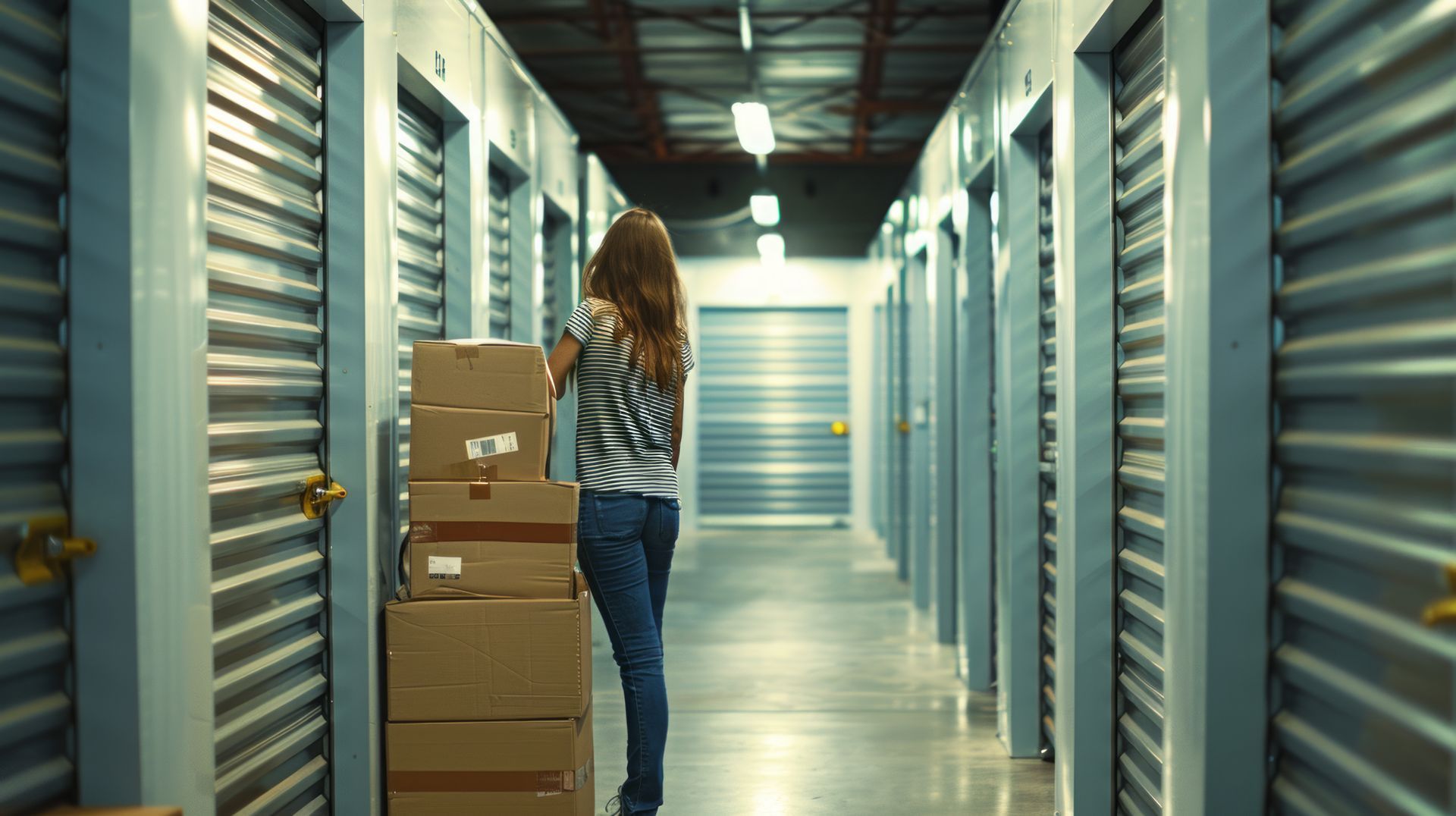 A woman is carrying a stack of cardboard boxes down a hallway.