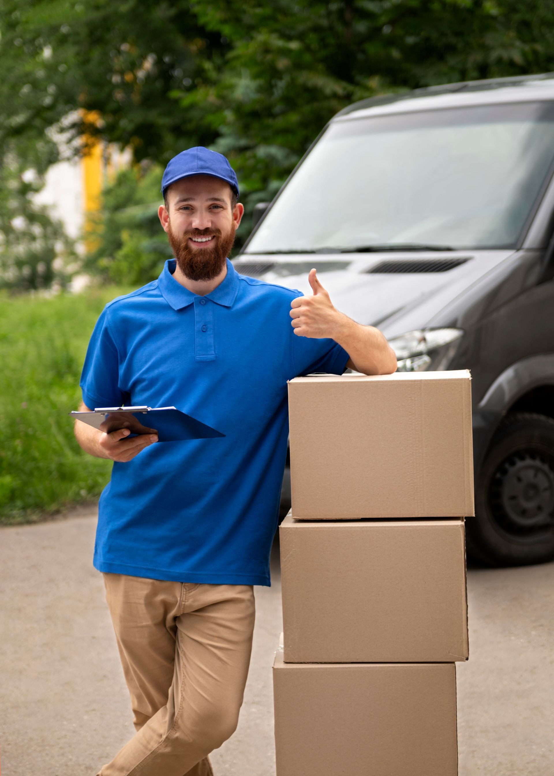 A delivery man is standing next to a stack of cardboard boxes and giving a thumbs up.