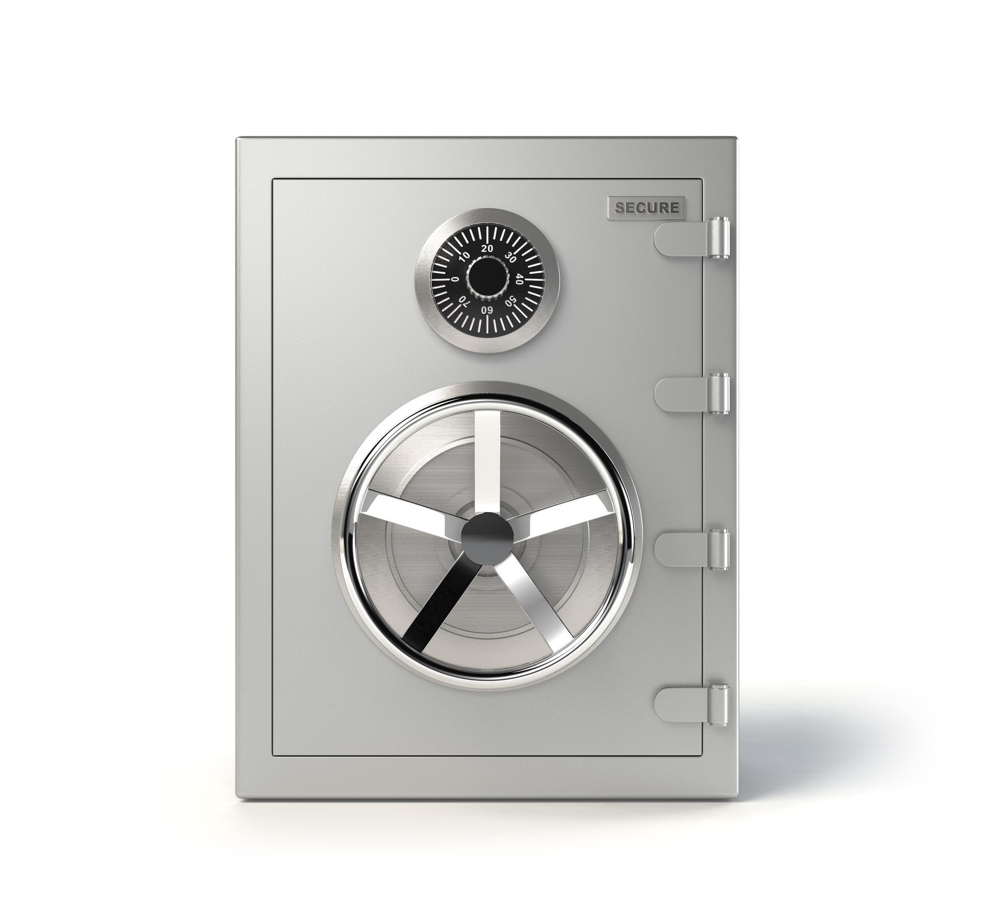 A silver safe with a clock on top of it on a white background.