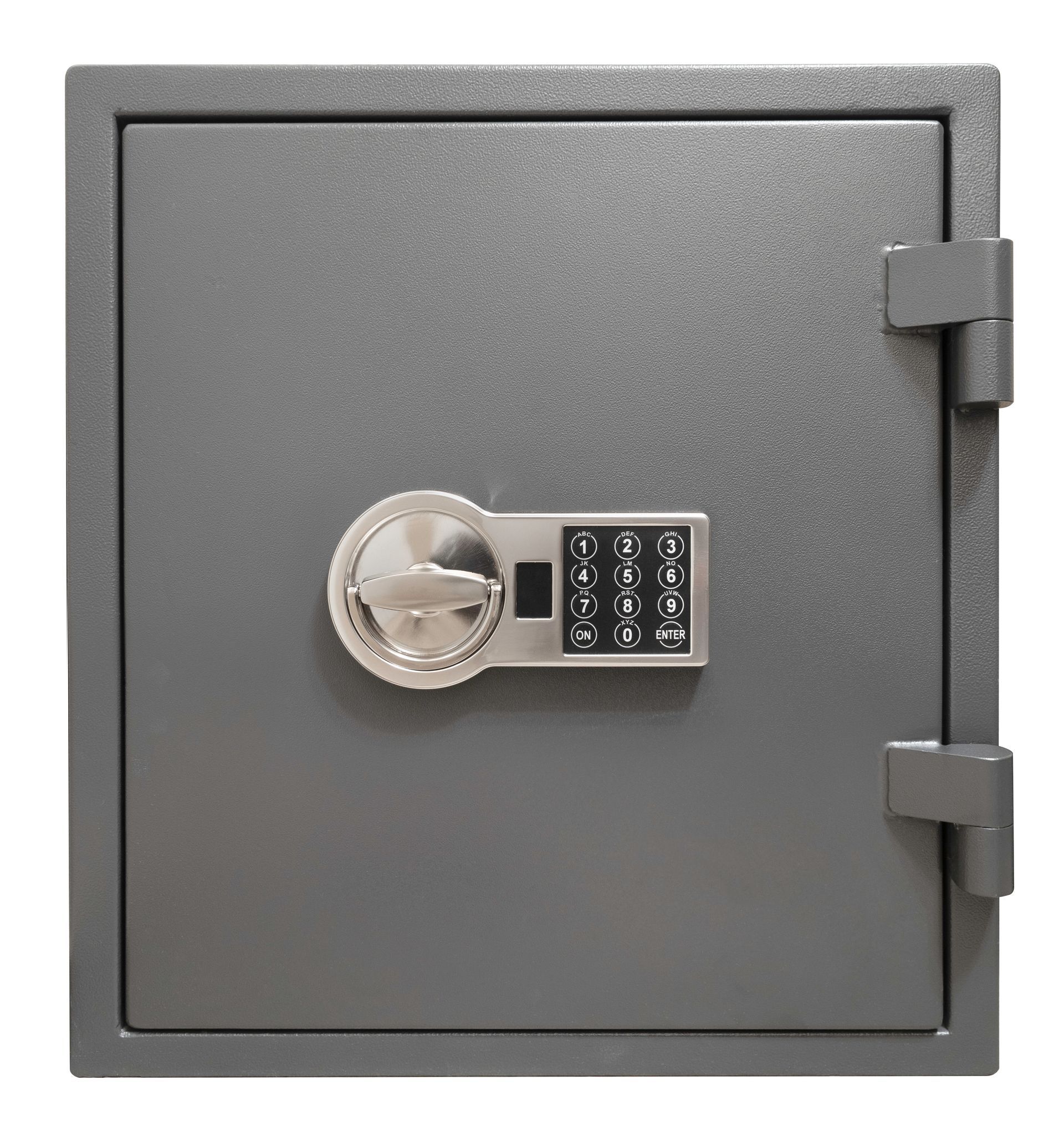 A gray safe with a digital lock on it.