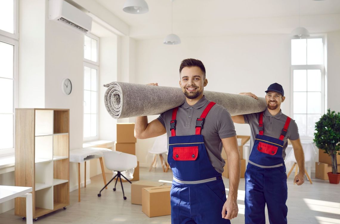 Two men are carrying a rug in a room.