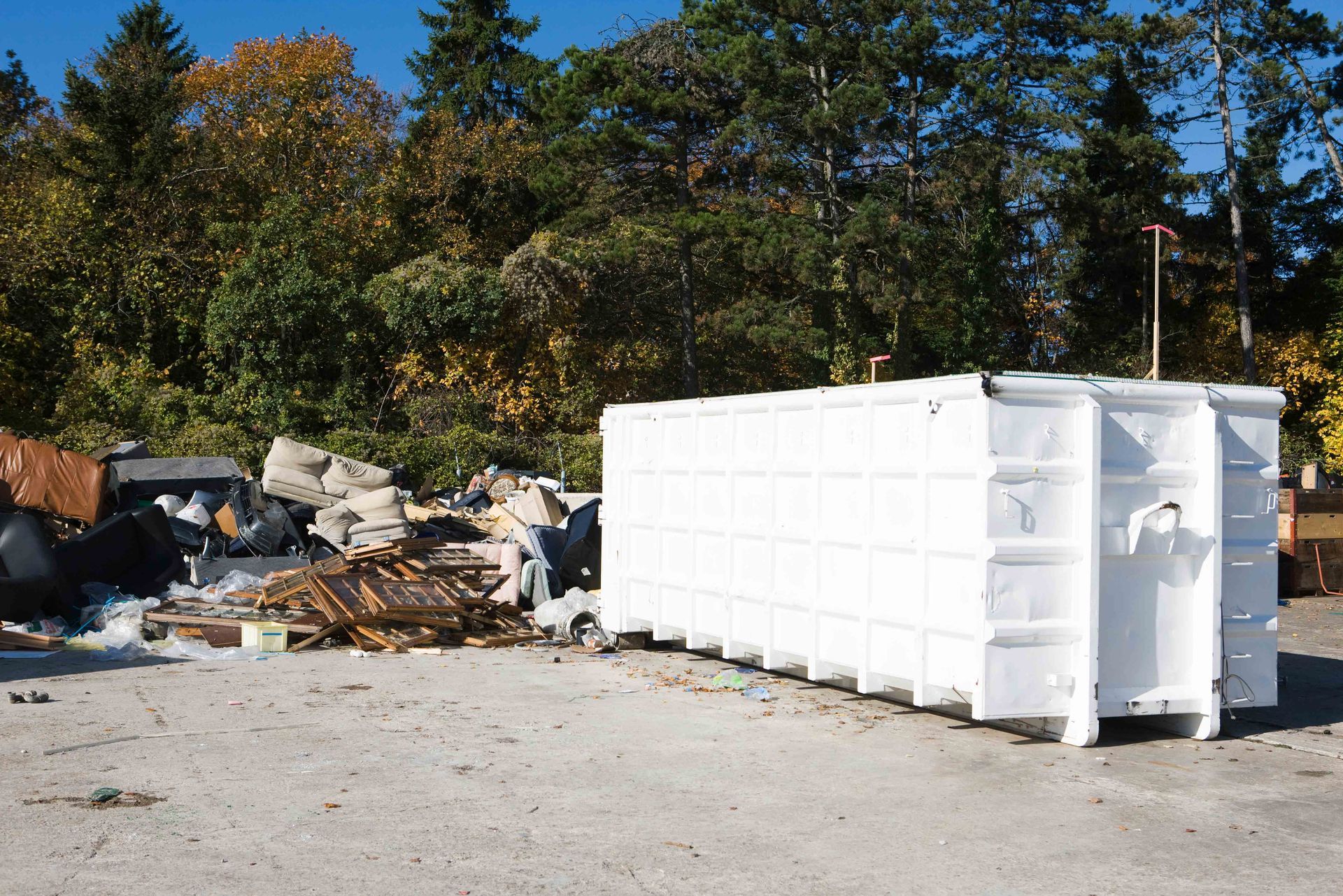 Junk piled beside a dumpster showcasing Trash Be Gone's junk removal services in Grand Island, NY.