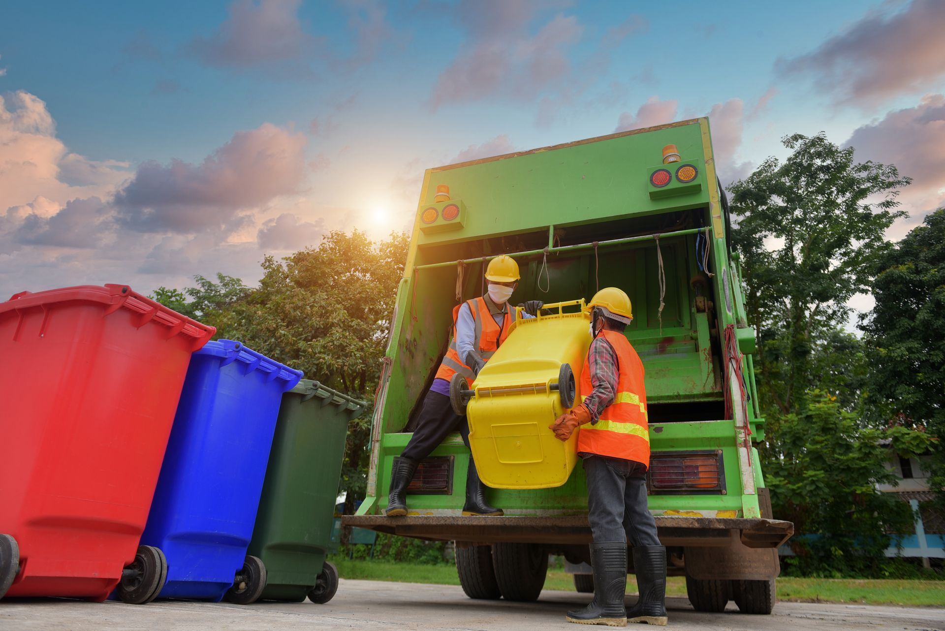 Two garbagemen working together on emptying dustbins for trash removal. Two garbagemen working together on emptying dustbins for trash removal.