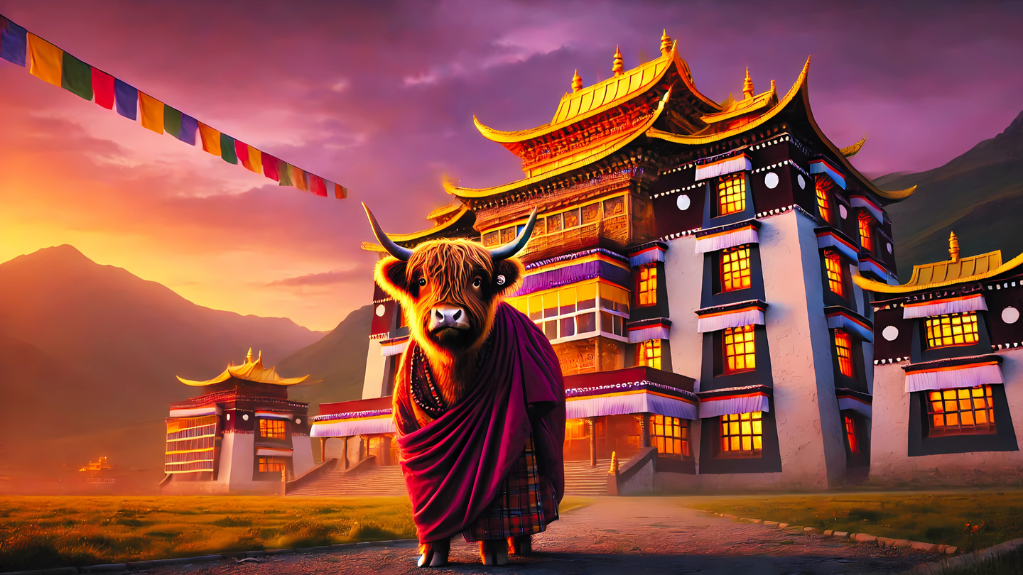 Highland Cow outside a Tibetan Temple