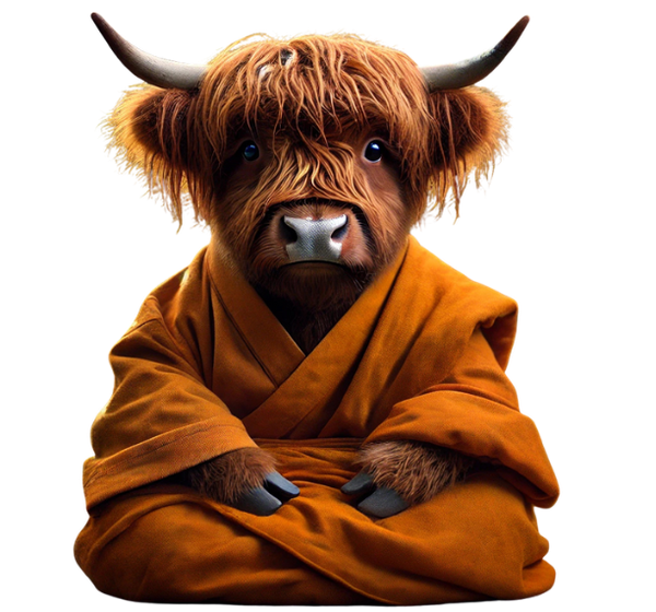 image of betty the highland cow dressed in her Buddhist robes