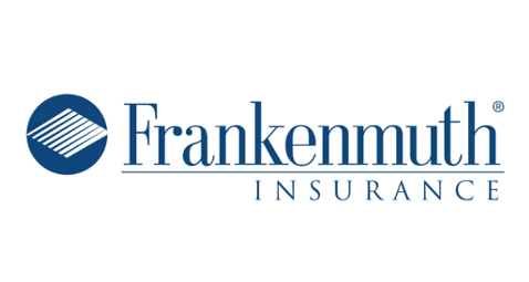 Frankenmuth Insurance logo: blue circle with diagonal lines, dark blue text