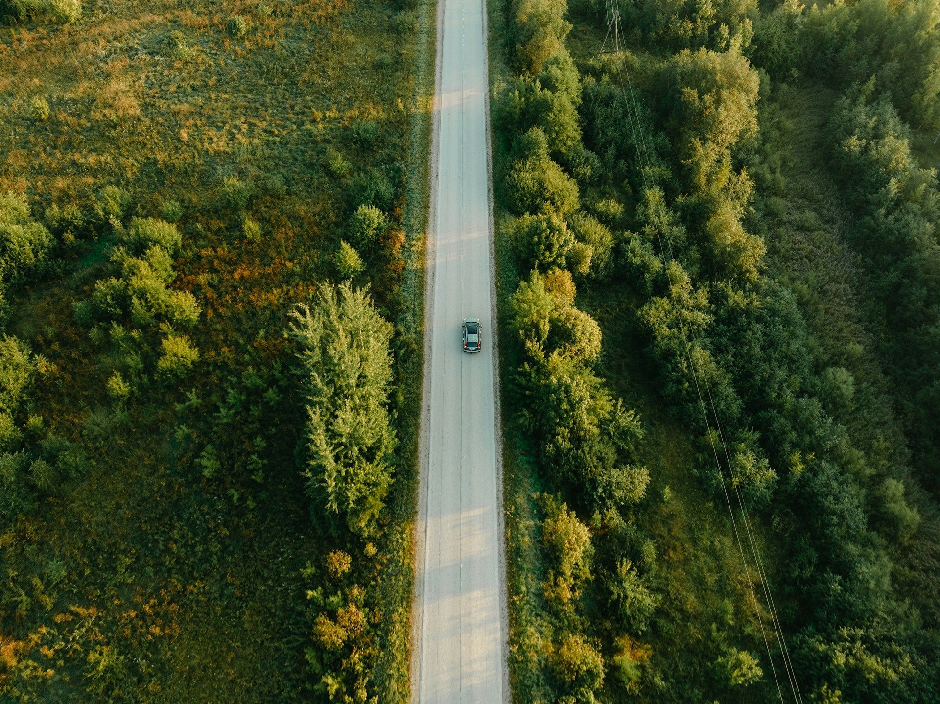 Car driving on a straight road through lush green trees and fields, viewed from above.